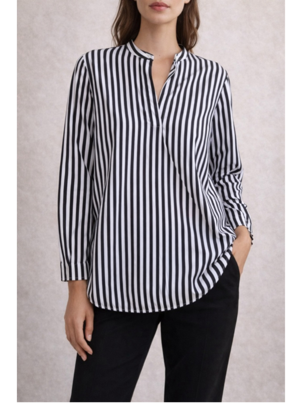 Everlane Black White Stripe Split Neck Popover Tunic Top Sz 10 100% Cotton